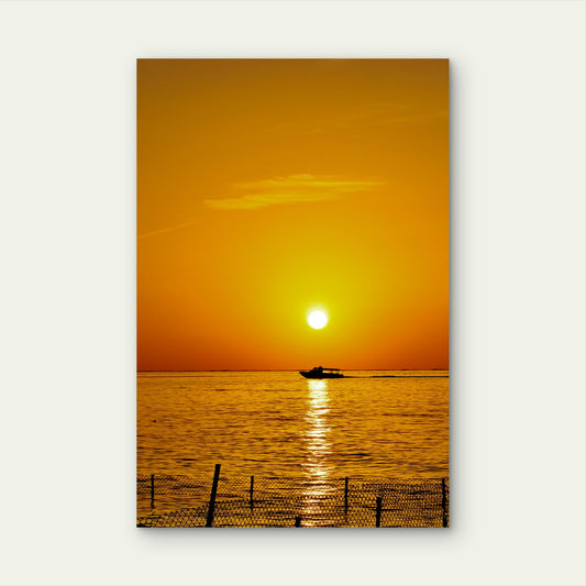 Golden Ocean Sunset Boat Silhouette 40x60cm Metal Print Ready to Hang