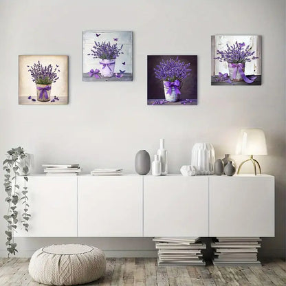 4pcs Lavender Purple Floral And Butterfly Wall Art Canvas Framed