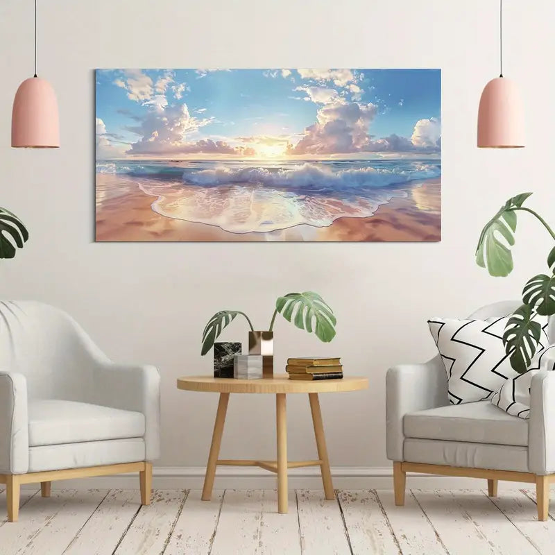Beach Ocean Blue Waves Sunset Wall Art canvas office home room framed 120x60cm - Bella Home Decor