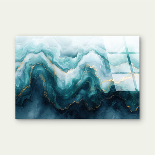 Abstract Teal Gold Marble Swirl Acrylic Glass Printing Wall Art Australian Made Quality