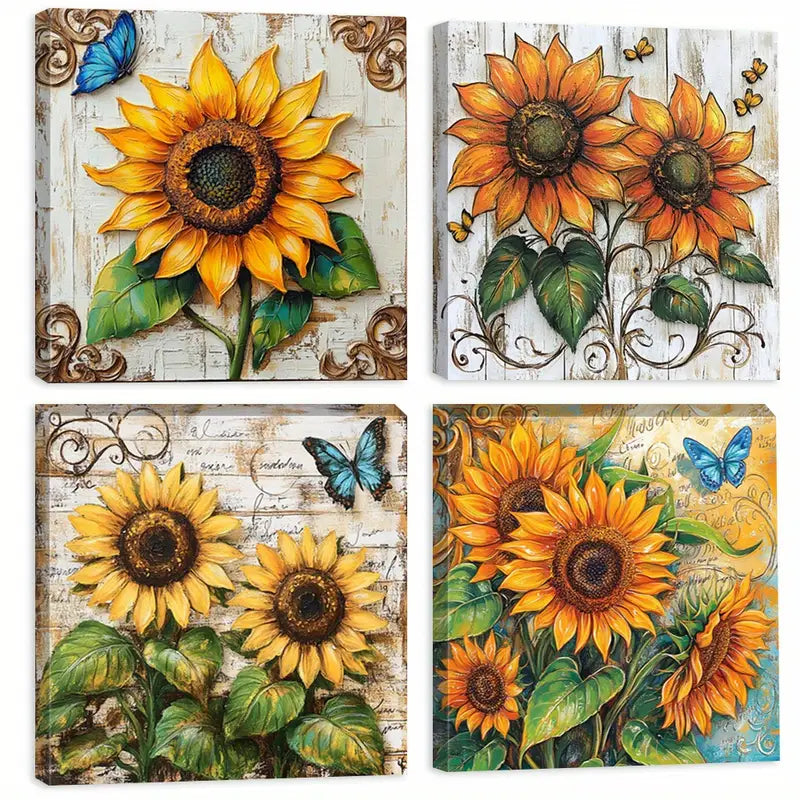 4pcs Square Wall Art, Sunflower Squar  Wall Art Canvas Framed