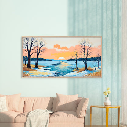 Winter Forest River Scene Wall Art Canvas Office Home Room Framed 120x60cm