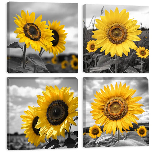 4pcs Vibrant Yellow Blooms with Contrasting Wall Art Canvas Framed