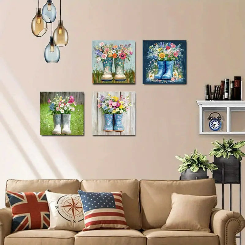 4pcs Vintage Garden Boots Floral Arrangements Wall Art Canvas Framed