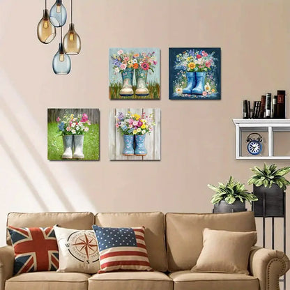 4pcs Vintage Garden Boots Floral Arrangements Wall Art Canvas Framed