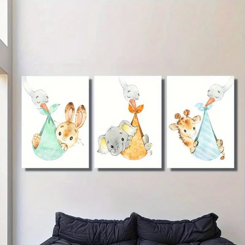 3pcs Animal Elephant Giraffe Rabbit Hare Painting Metal Print Ready to Hang Art - Bella Home Decor