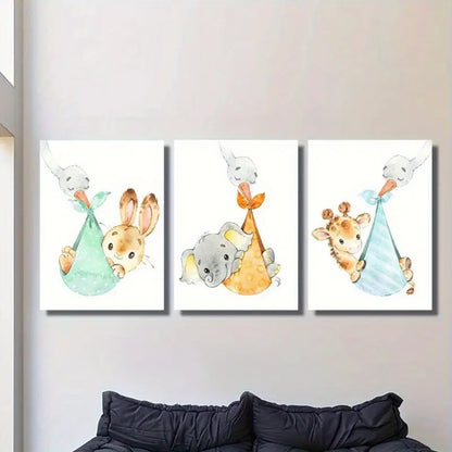 3pcs Animal Elephant Giraffe Rabbit Hare Painting Metal Print Ready to Hang Art - Bella Home Decor