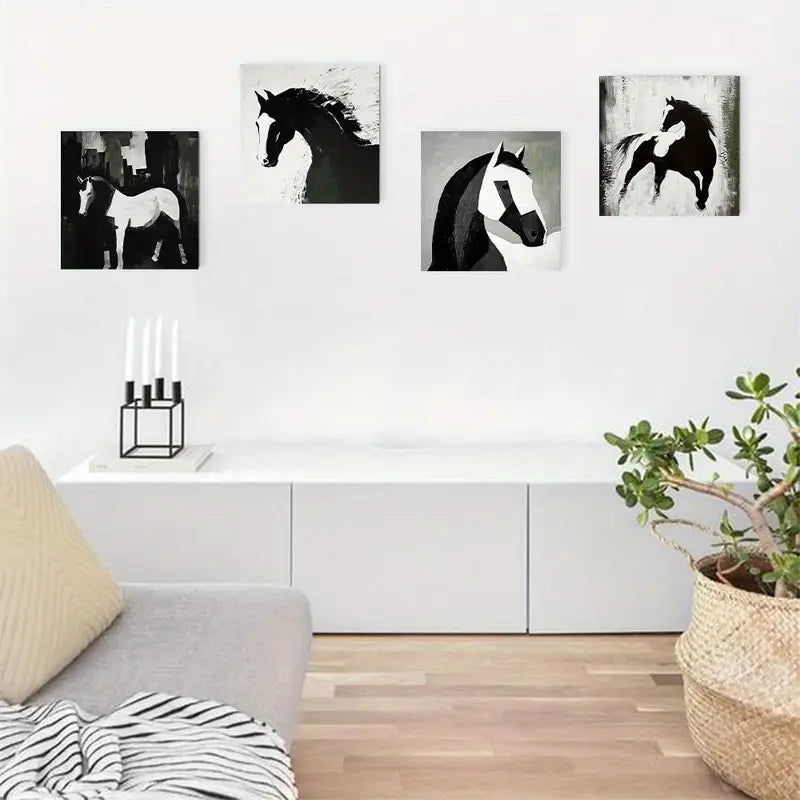 4pcs Black And White Hors Perfect Wall Art Canvas Framed