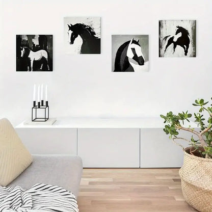 4pcs Black And White Hors Perfect Wall Art Canvas Framed