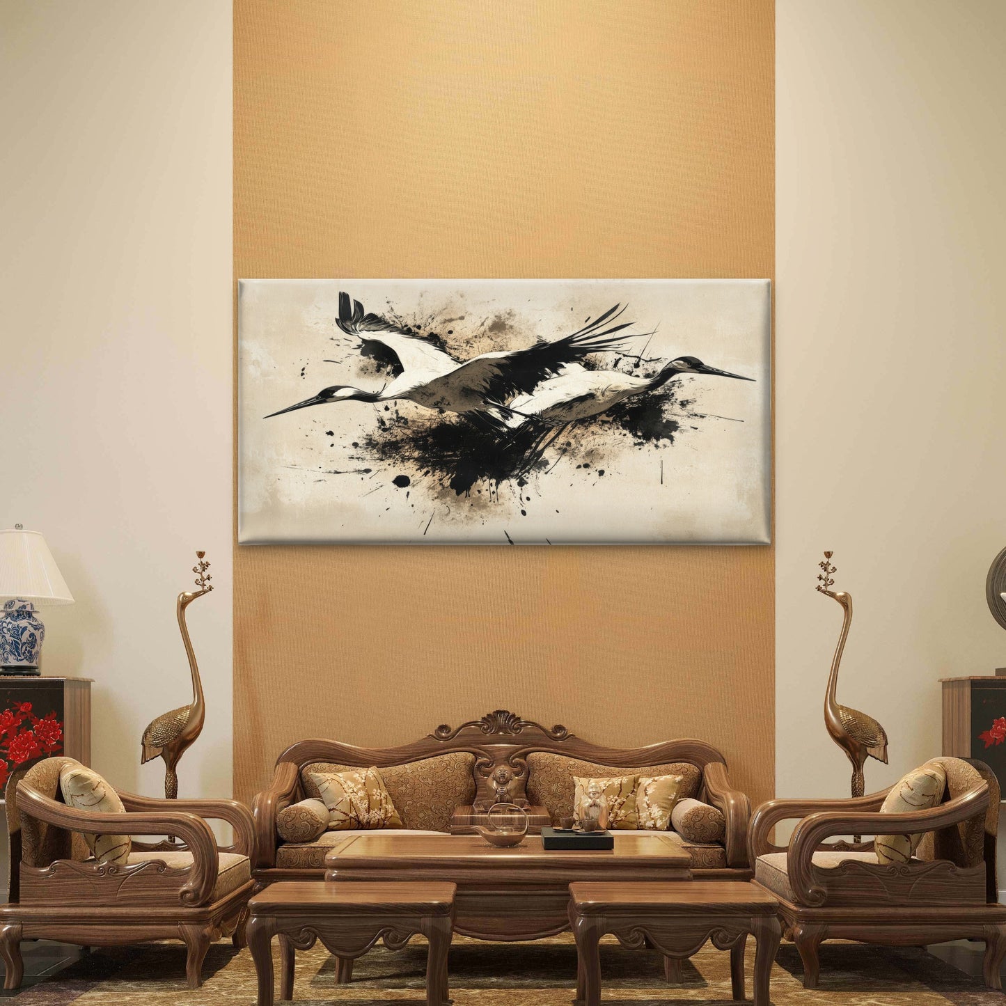 Japanese Crane Ink Painting Wall Art Canvas Office Home Room Framed 120x60cm