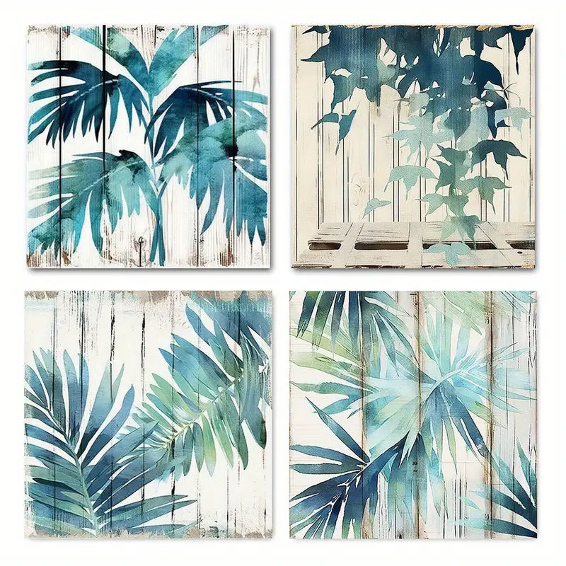 4pcsBotanical Abstract Vintage Palm Leaf  Wall Art Canvas Framed