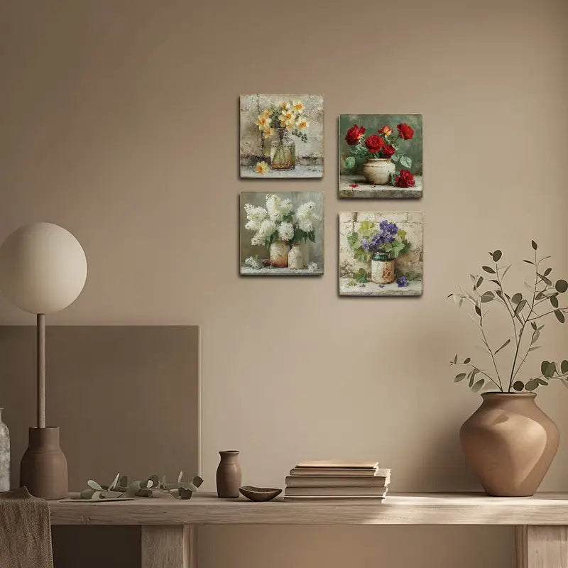 4pcs Garden Artificial Flower Sign,Neutral Tones Wall Art Canvas Framed