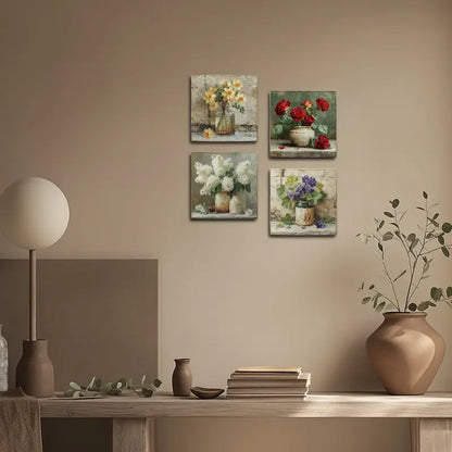 4pcs Garden Artificial Flower Sign,Neutral Tones Wall Art Canvas Framed