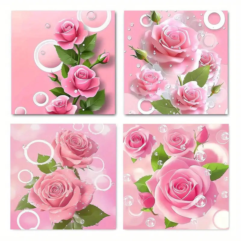 4pcs Drops Of Water On The Pink Roses Wall Art Canvas Framed