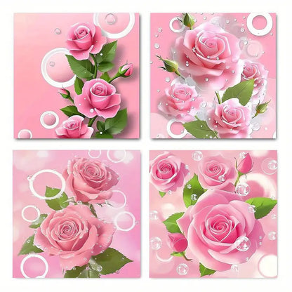 4pcs Drops Of Water On The Pink Roses Wall Art Canvas Framed