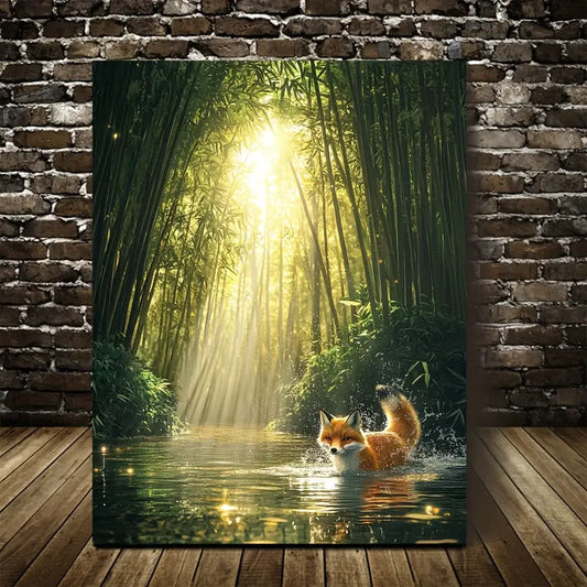 Enchanting Fox Splashing in Bamboo Grove 40x60cm Metal Print Ready to Hang - Bella Home Decor