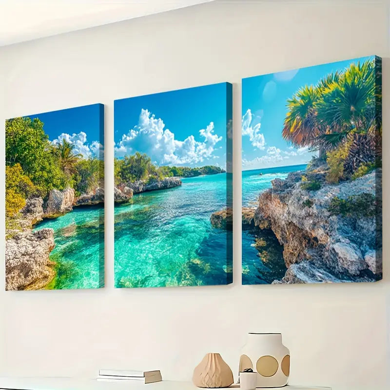 3pcs Coastal Lagoon Turquoise Water Wall Art Set Canvas Framed 50x70cm - High Quality Print 100% Australian Made Wall Canvas Ready to Hang - Bella Home Decor