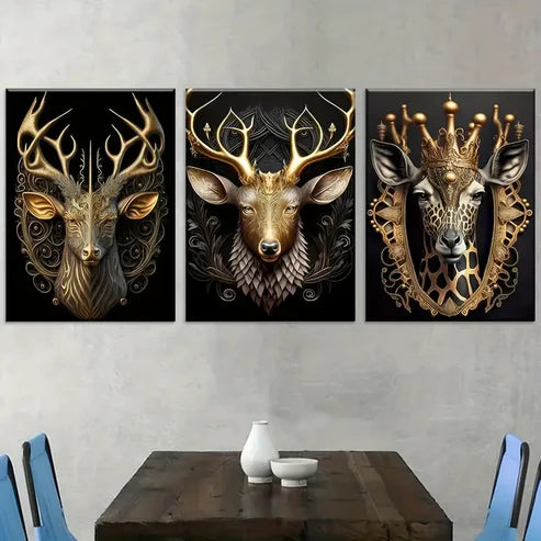 3pcs Golden Light Luxury Style Deer Head Crown Art Wall Art Canvas Unframed - High Quality Print 100% Australian Made Wall Canvas - Bella Home Decor