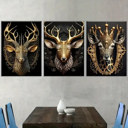 3pcs Golden Light Luxury Style Deer Head Crown Art Wall Art Canvas Unframed - High Quality Print 100% Australian Made Wall Canvas - Bella Home Decor
