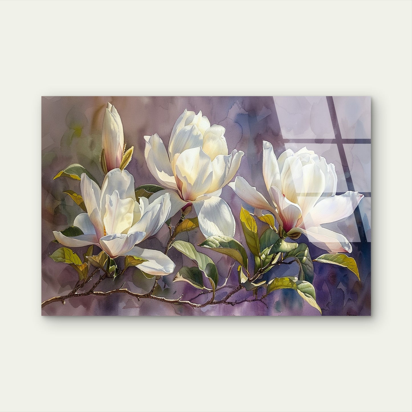 White Magnolia Flower Watercolor Acrylic Glass Printing Wall Art Australian Made Quality
