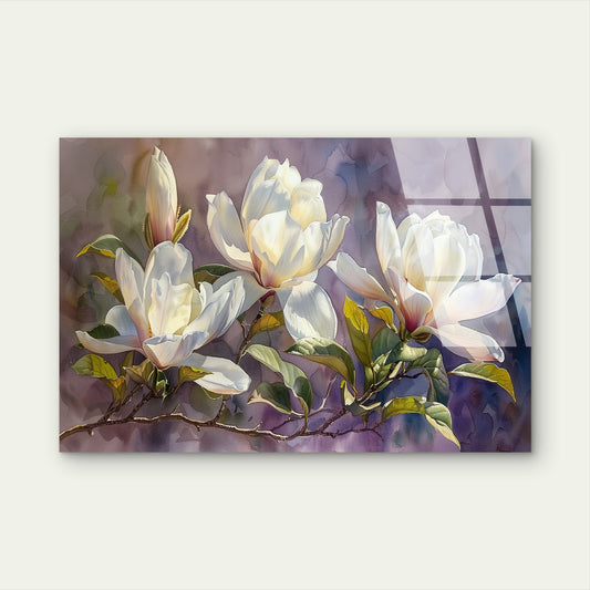 White Magnolia Flower Watercolor Acrylic Glass Printing Wall Art Australian Made Quality