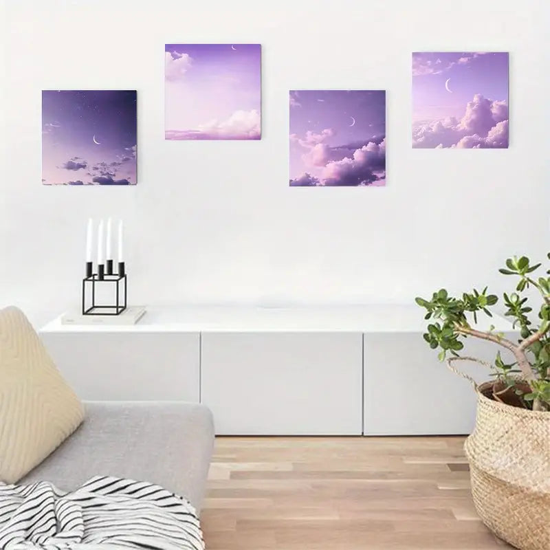 4pcs Moonlit Night Skies & Serene  SE  Wall Art Canvas Framed