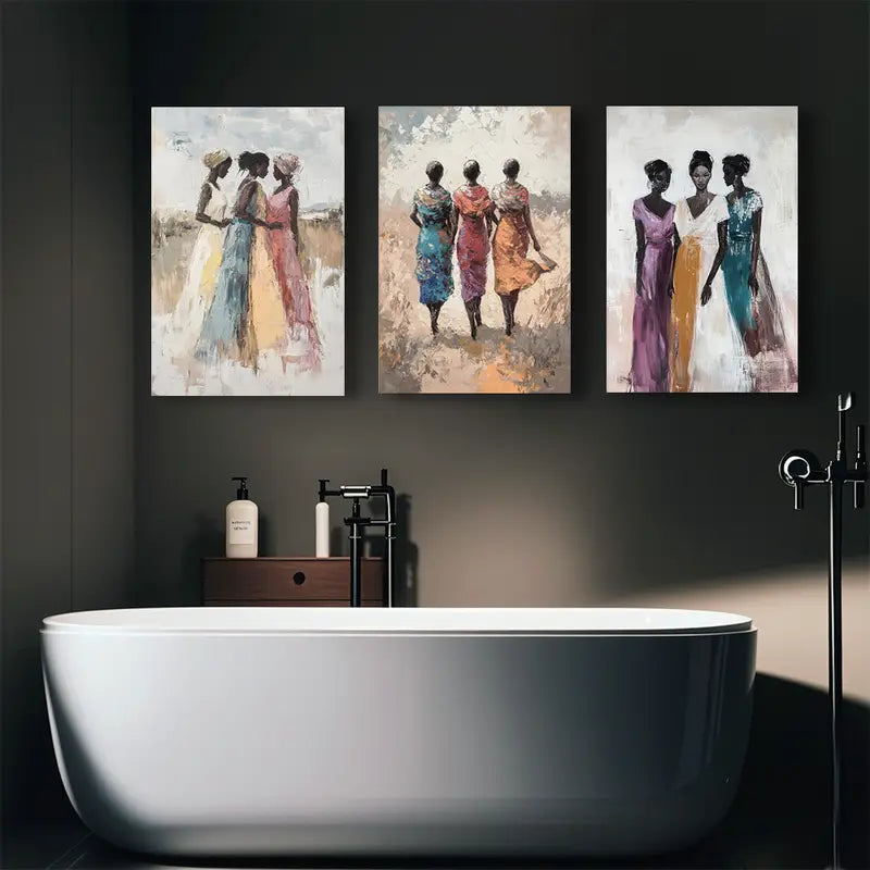 3pcs Women In Colorful Dresses Walking Landscape Metal Print Ready to Hang Art