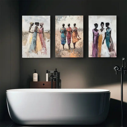 3pcs Women In Colorful Dresses Walking Landscape Metal Print Ready to Hang Art