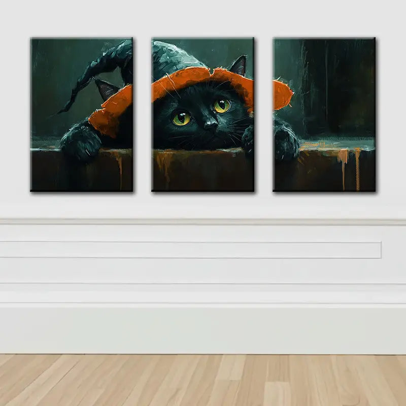 3pcs Black Cat & Witch Hat Canvas Metal Print Ready to Hang Art - Bella Home Decor