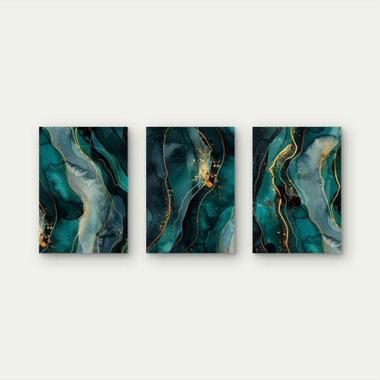 3pcs Abstract Emerald Gold Marble Painting Wall Art Set Canvas Framed 60x90cm - High Quality Print 100% Australian Made Wall Canvas Ready to Hang