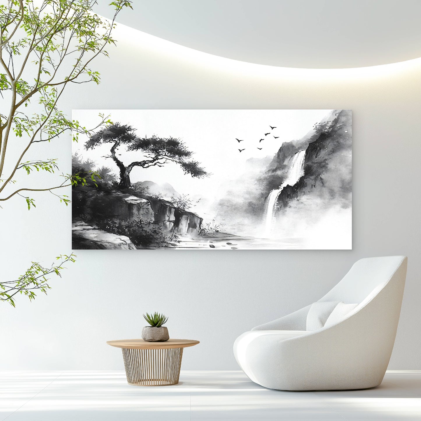 Misty Mountain Waterfall Scene Wall Art Canvas Office Home Room Framed 120x60cm