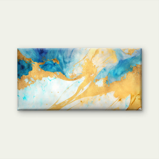 Azure Gold Fluid Drift Wall Art Canvas Office Home Room Framed 120x60cm