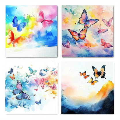 4pcs Vibrant Butterfly & Colorful Swirls Wall Art Canvas Framed
