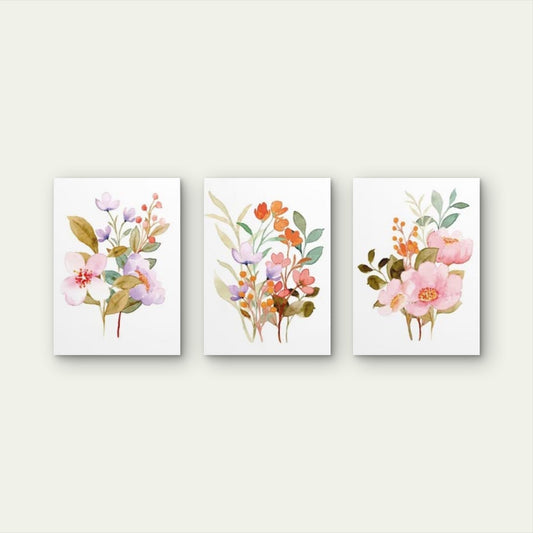 3pcs Pink Purple Watercolor Wildflower Bouquet Wall Art Set Canvas Framed 40x60cm - High Quality Print 100% Australian Made Wall Canvas Ready to Hang - Bella Home Decor