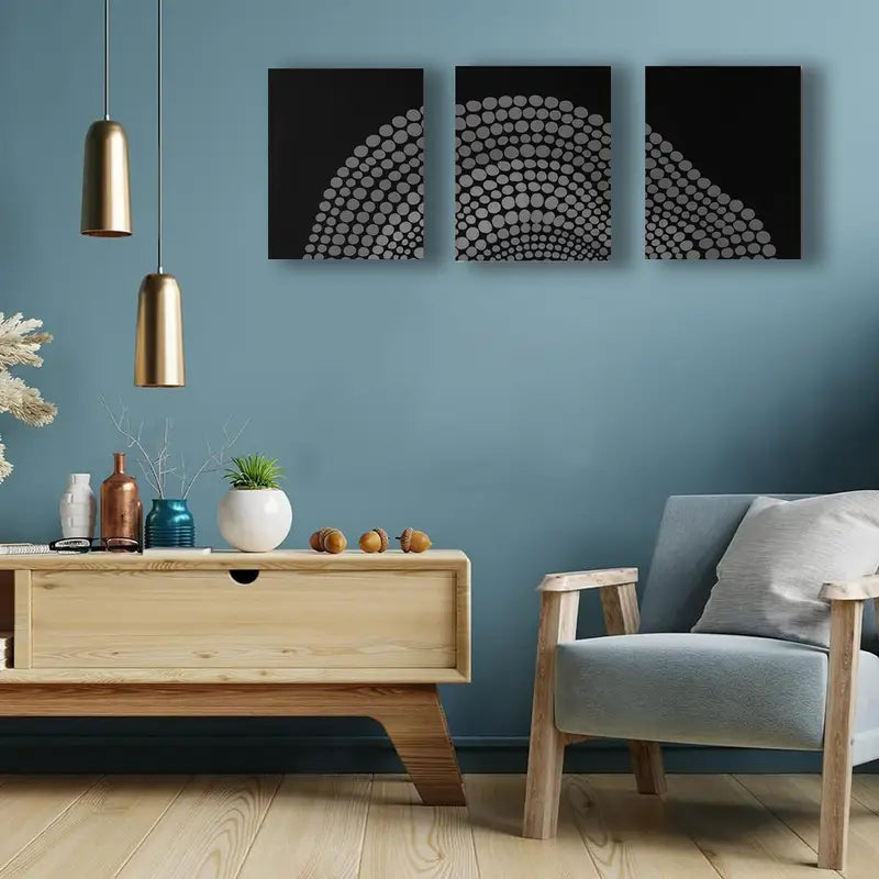 3pcs Black & Silvery Dots Triptych Wall Art, Metal Print Ready to Hang Art - Bella Home Decor