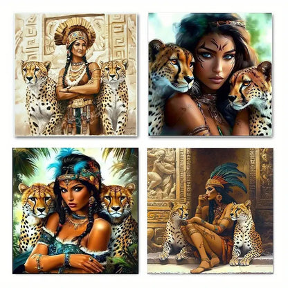 4pcs Traditional Ethnic Women And Leopard Wall Art Canvas Framed
