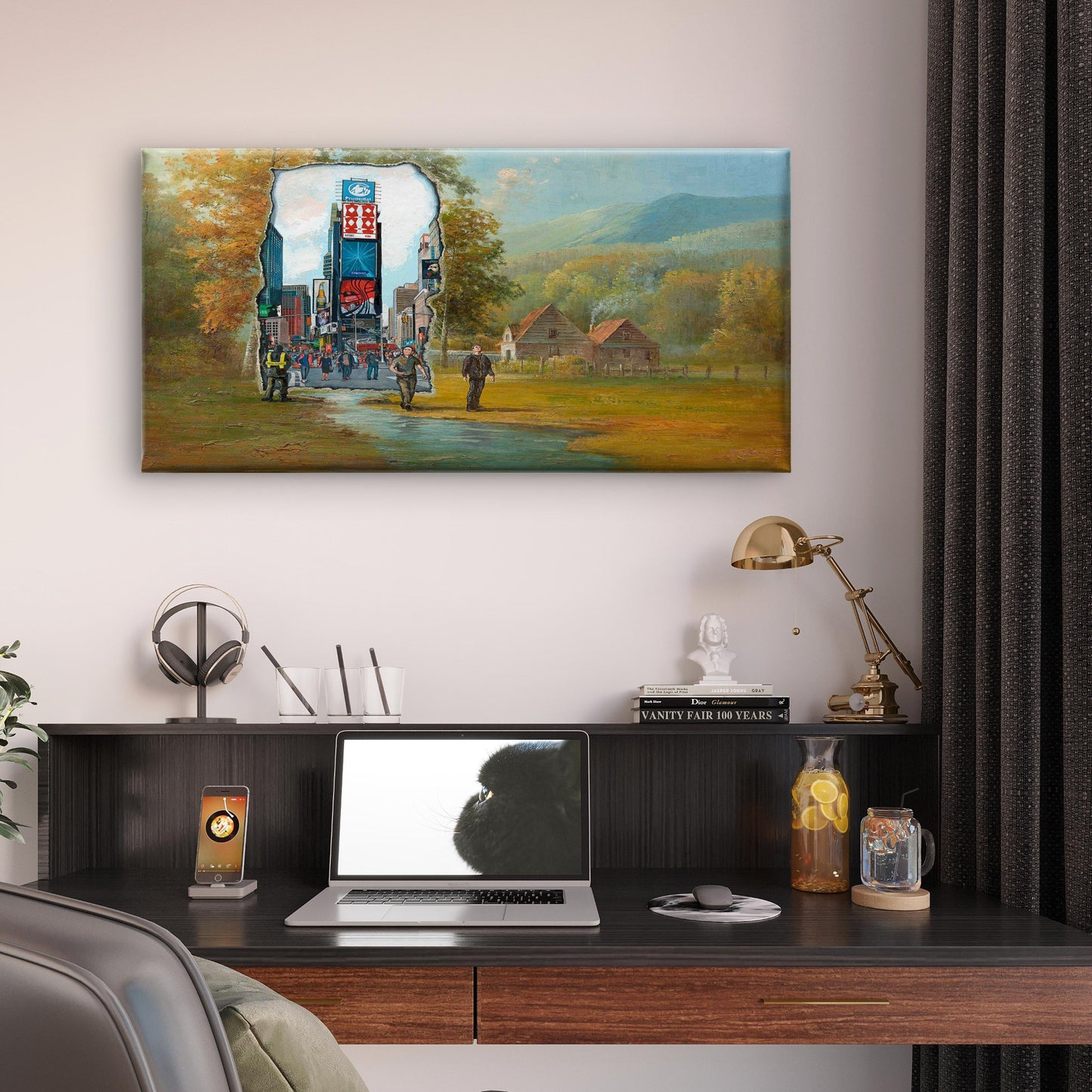 Vintage City Nature Contrast Wall Art Canvas Office Home Room Framed 120x60cm