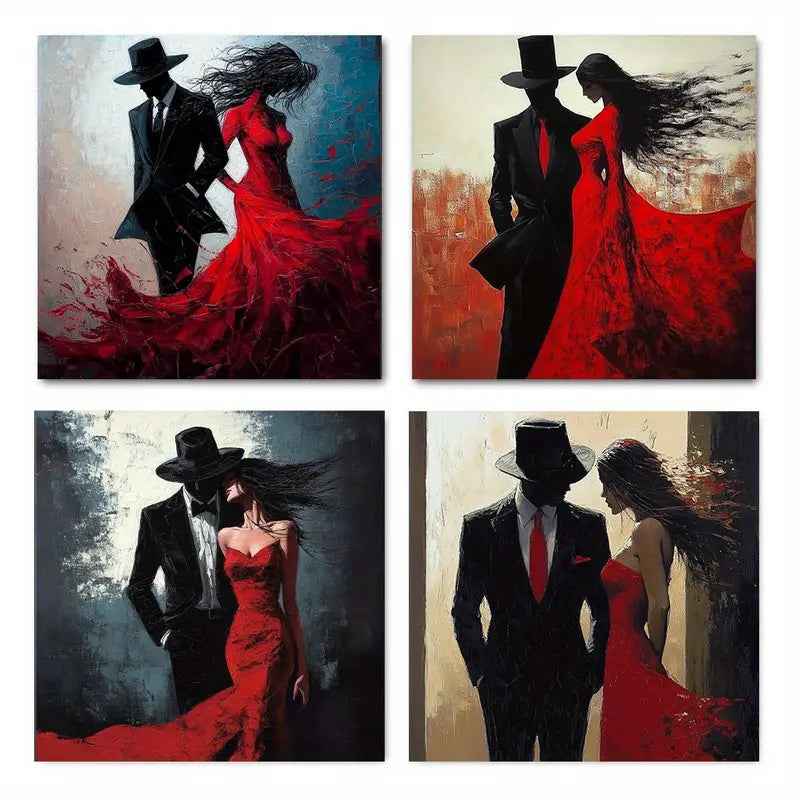 4pcs  Black And Red Couple Theme Wall Art Canvas Framed
