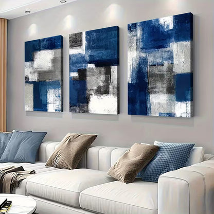 3pcs Navy Blue White Gray Black Beige Abstract  Wall Art Set Canvas Framed 40x60cm - High Quality Print 100% Australian Made Wall Canvas Ready to Hang