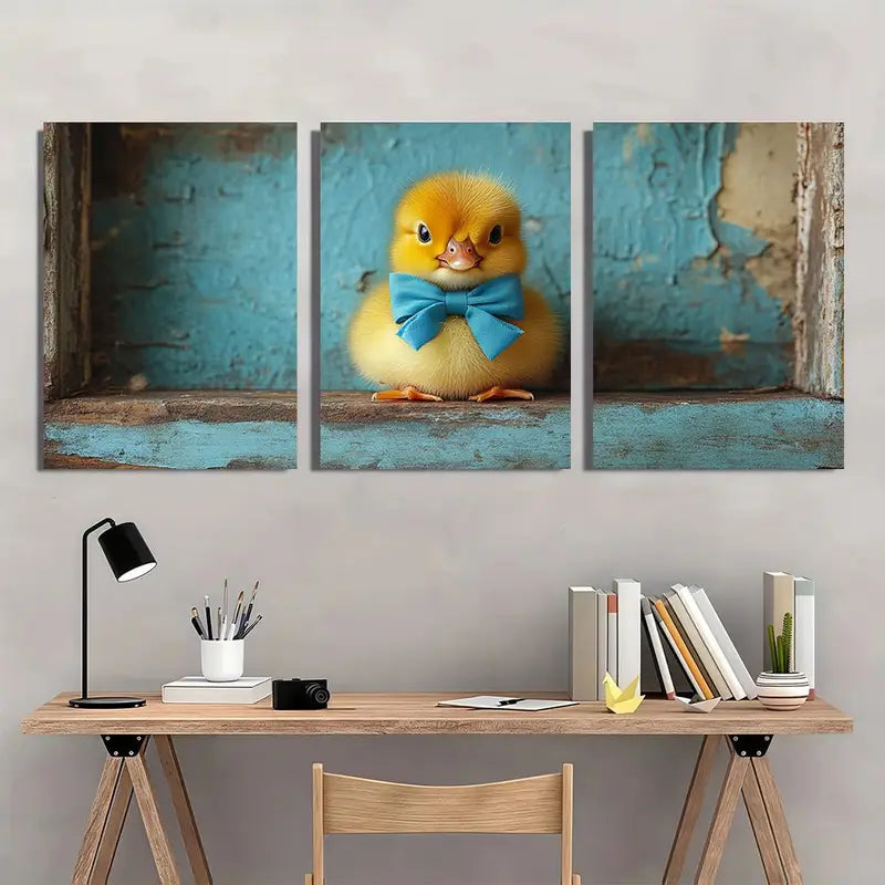 3pcs Cute Blue Bow Duck Canvas  Metal Print Ready to Hang Art - Bella Home Decor