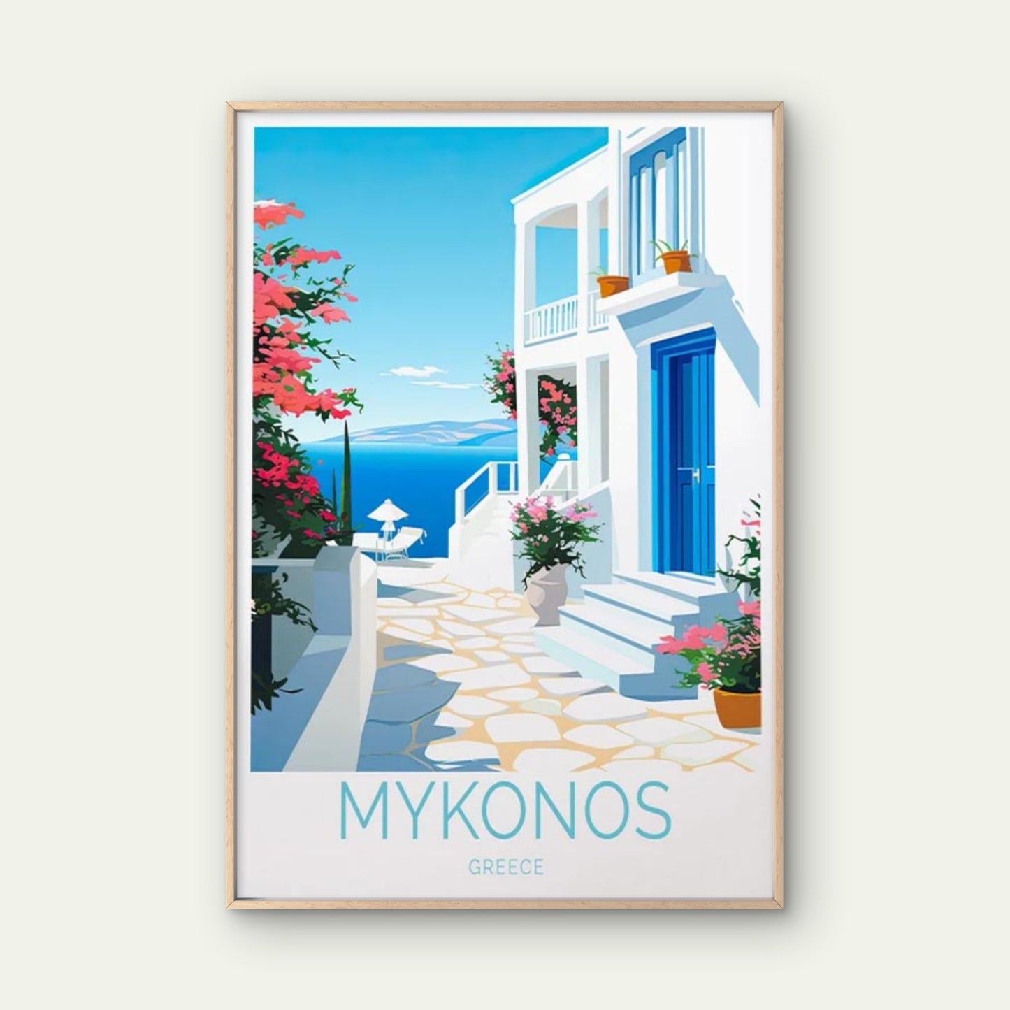 Mykonos Greece, Beach Font & Flowers Art Travel Poster Print Wall Art - Bella Home Decor