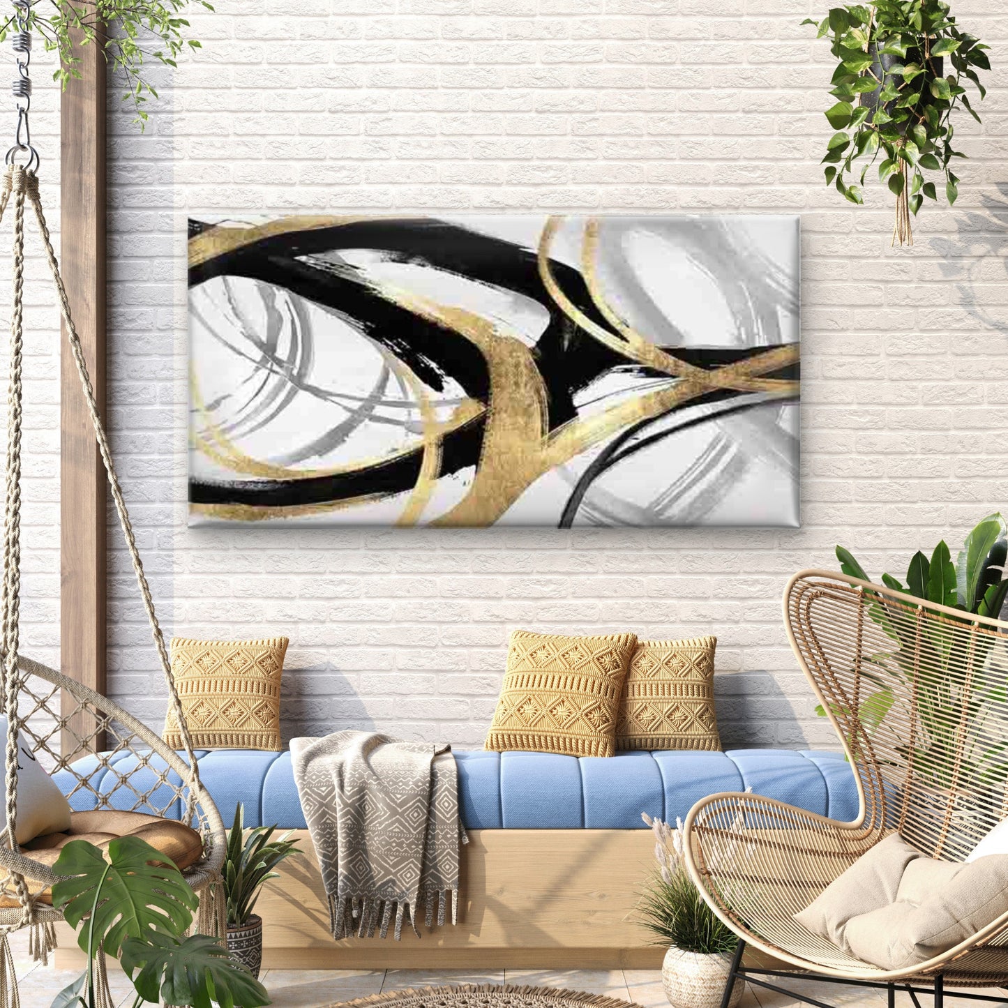 Black White And Golden Abstract Wall Art Canvas Office Home Room Framed 120x60cm