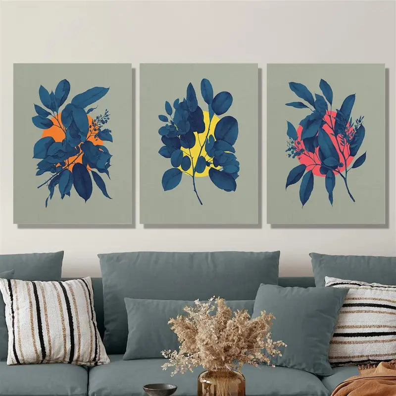 3pcs Watercolor Eucalyptus Botanical Vibrant Blue & Orange Metal Print Ready to Hang Art