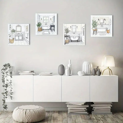 4pcs Neutral Gray Bath Decor Wall Art Canvas Framed