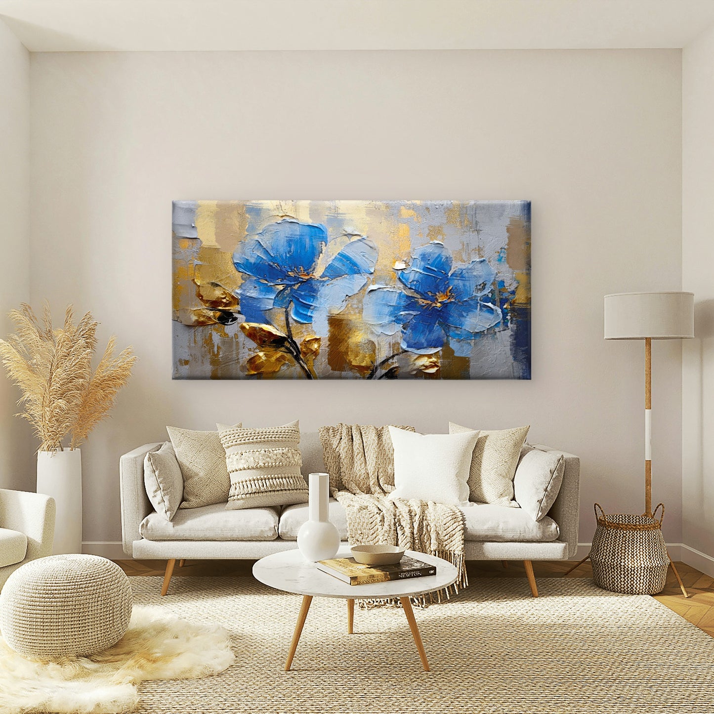 Modern Blue Blossom Painting Wall Art Canvas Office Home Framed 120x60cm