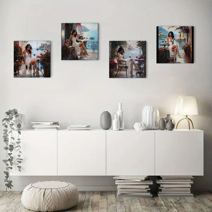 4pcs Coastal City Women Prints, Fashion Wall Art Canvas Framed