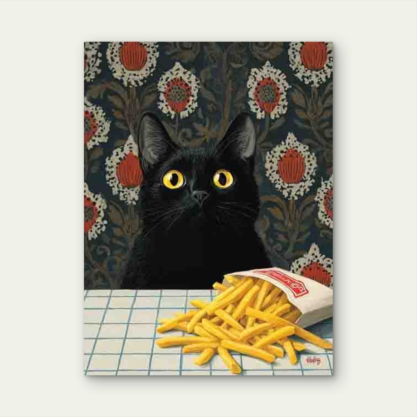 Black Cat with French Fries 60x90cm Metal Print Ready to Hang