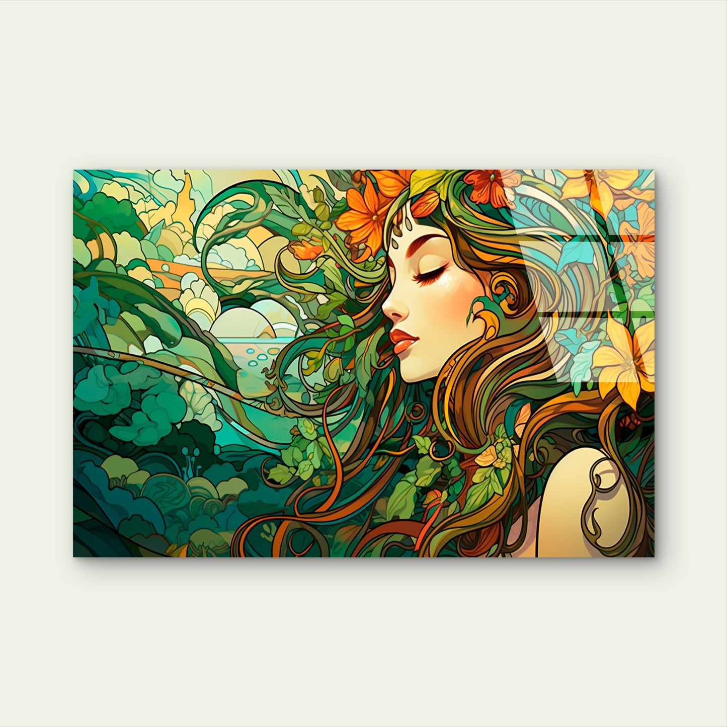 Vintage Woman Orange Floral Acrylic  Glass Printing Wall Art Australian Made Quality