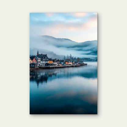 Hallstatt Austria Foggy Mountain Lake View 40x60cm Metal Print Ready to Hang