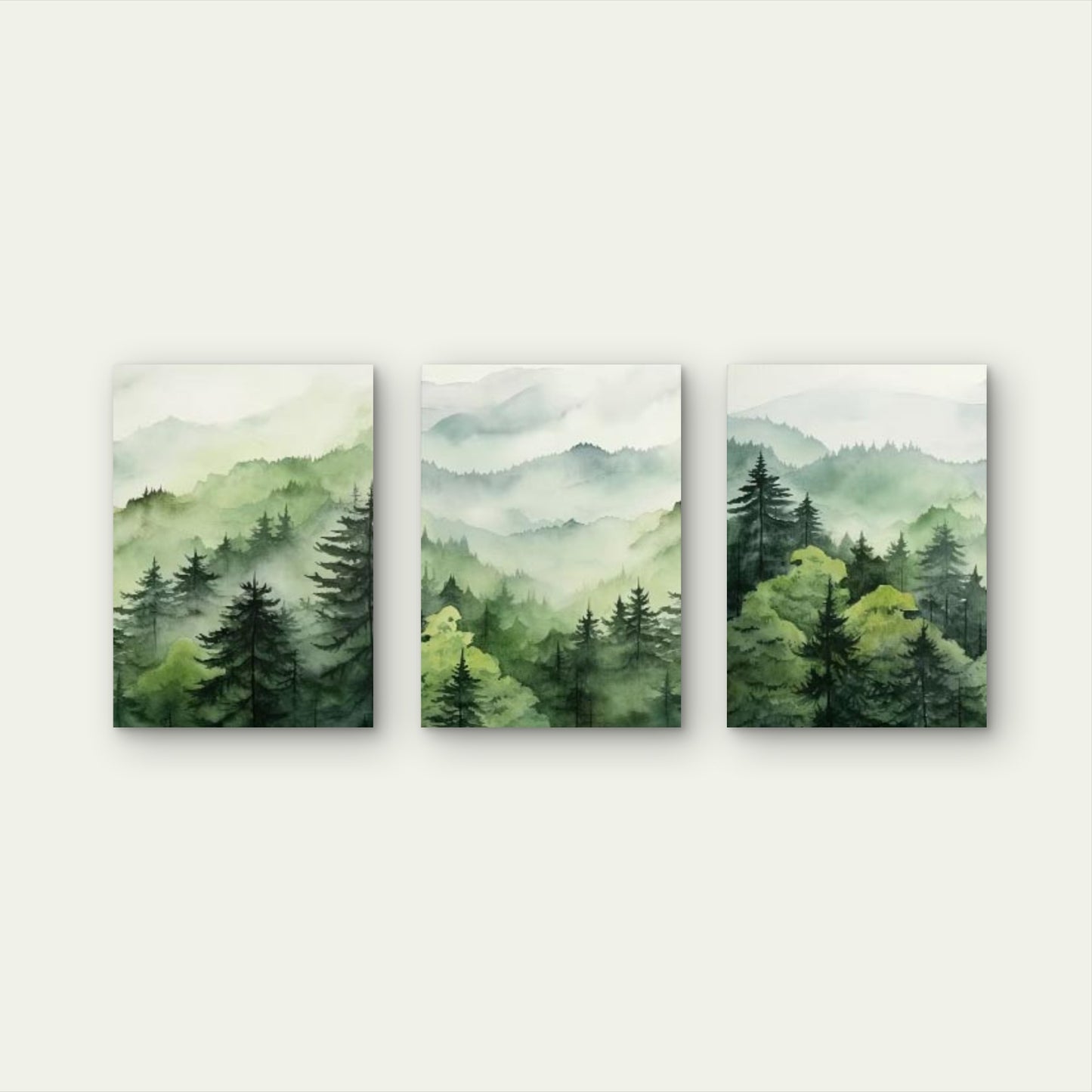 3pcs Misty Green Forest Watercolor Mountain Wall Art Set Canvas Framed 40x60cm - High Quality Print 100% Australian Made Wall Canvas Ready to Hang - Bella Home Decor